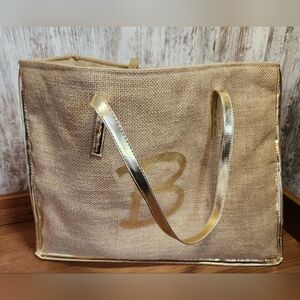 Tan Burlap with Gold Trim & Handles With Letter "B" Monogram Initials Tote Bag